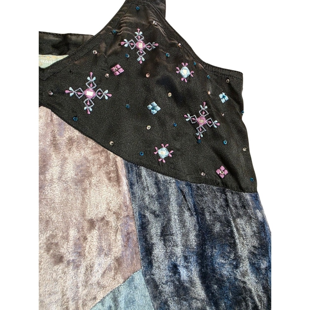 Papy Boez Embroidered Patchwork Velvet Dress Womens 90'S VTG Blue Black Boho - Picture 3 of 7